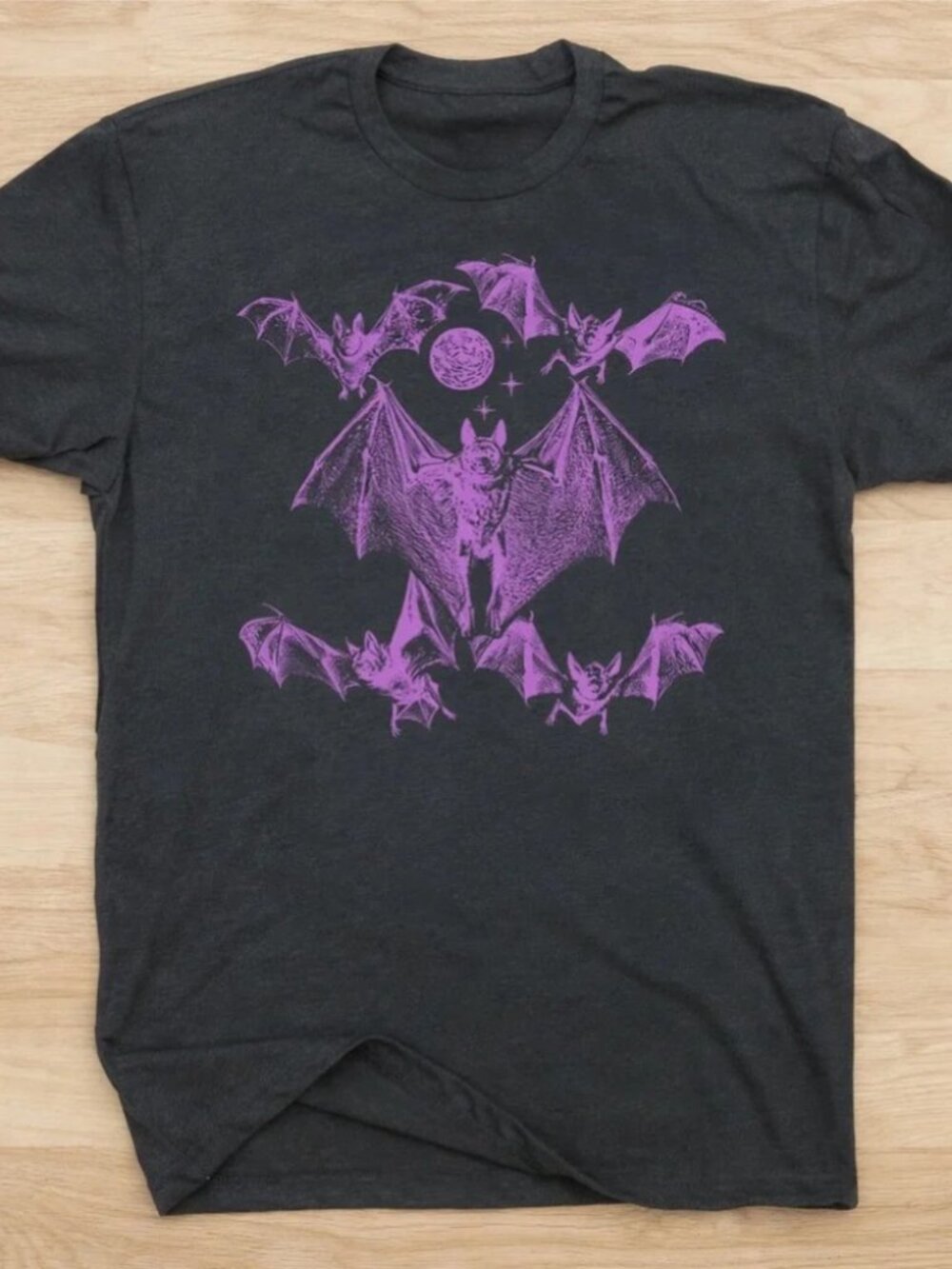 Purple Bats T-Shirt Full Moon Gothic Charcoal Tee
